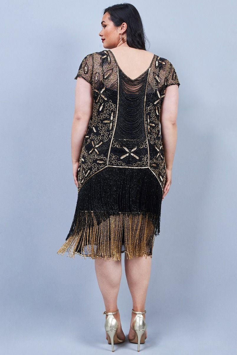 Edith Flapper Style Fringe Dress in Black Gold