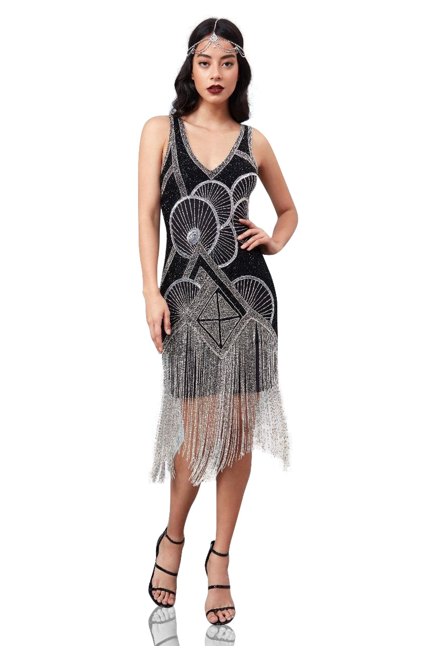 Jade Art Deco Fringe Dress in Black Silver