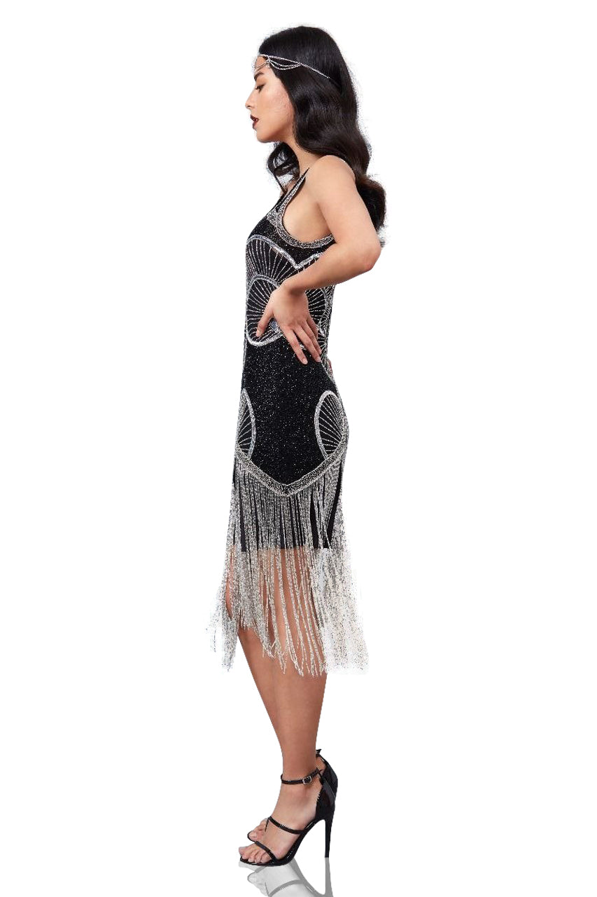 Jade Art Deco Fringe Dress in Black Silver