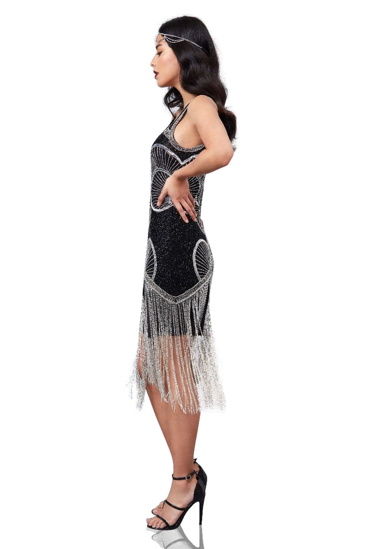 Jade Art Deco Fringe Dress in Black Silver