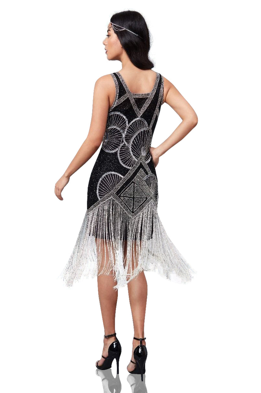 Jade Art Deco Fringe Dress in Black Silver