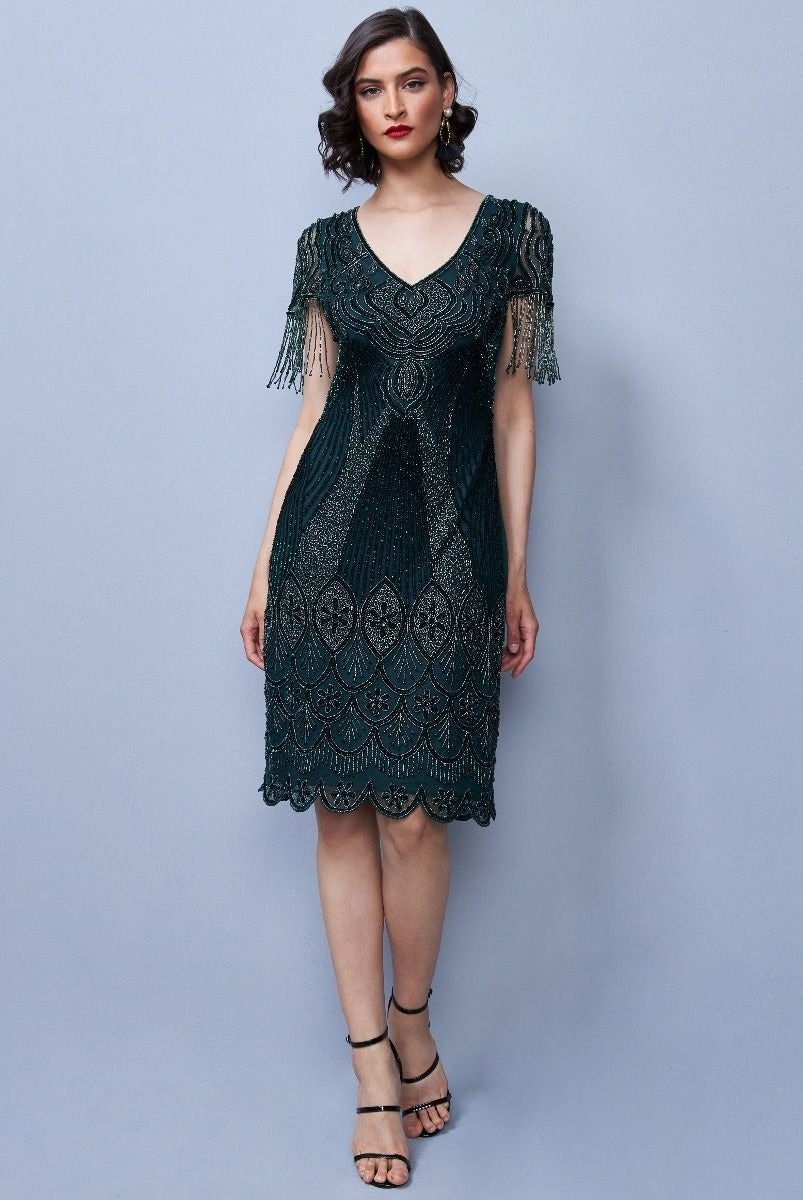 Marta 1920s Flapper Style Dress in Forest Green