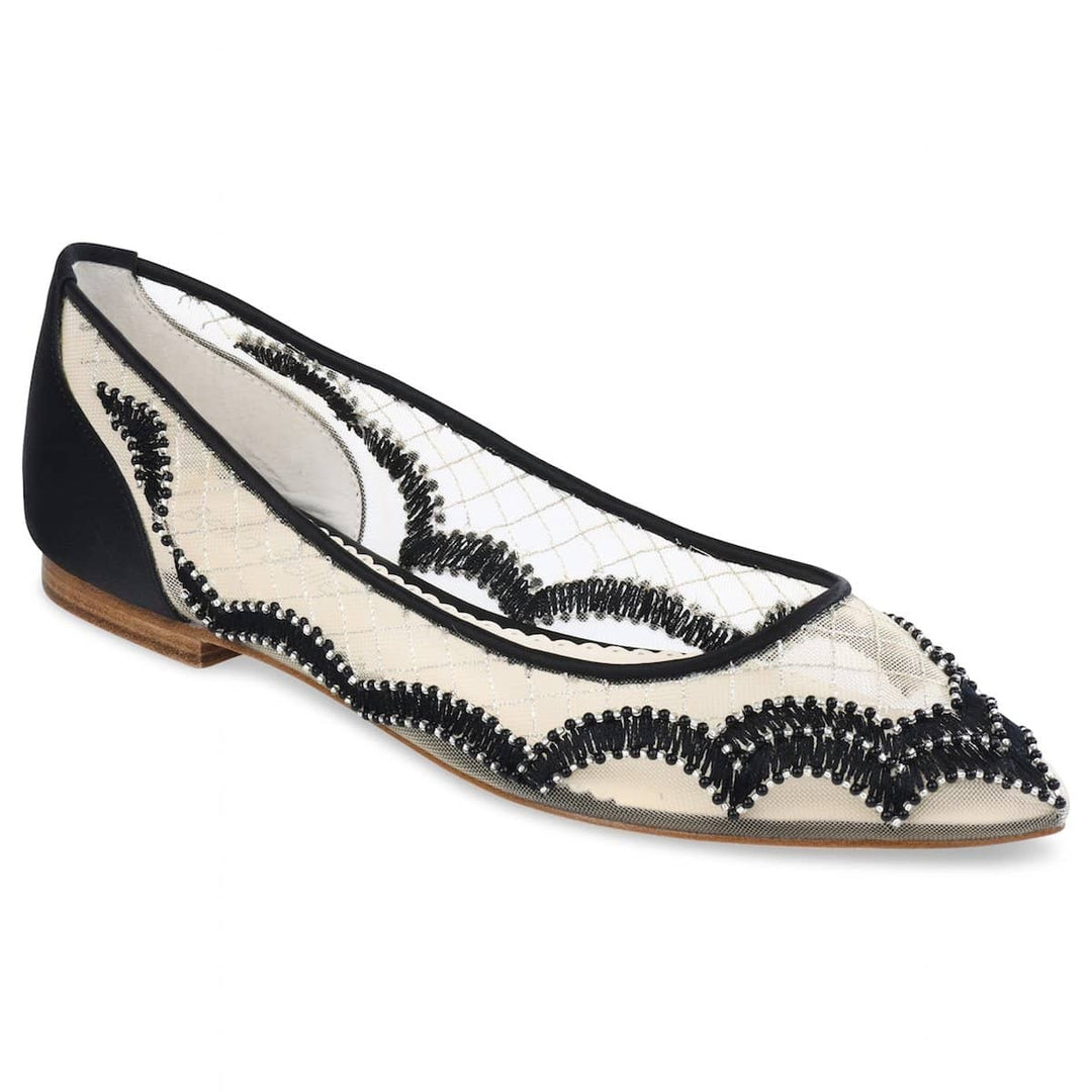 Eva Scalloped Embroidered Evening Flats in Black