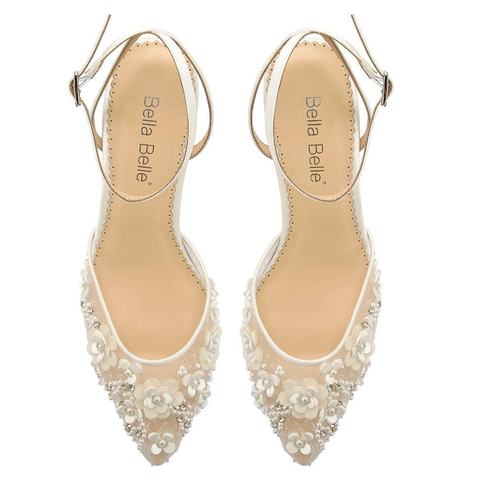 Rosa Floral Pearl Beaded Wedding Low Heels in Ivory by Bella Belle Shoes