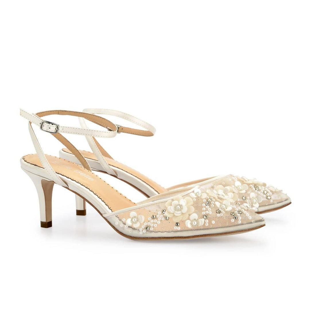 Rosa Floral Pearl Beaded Wedding Low Heels in Ivory by Bella Belle Shoes